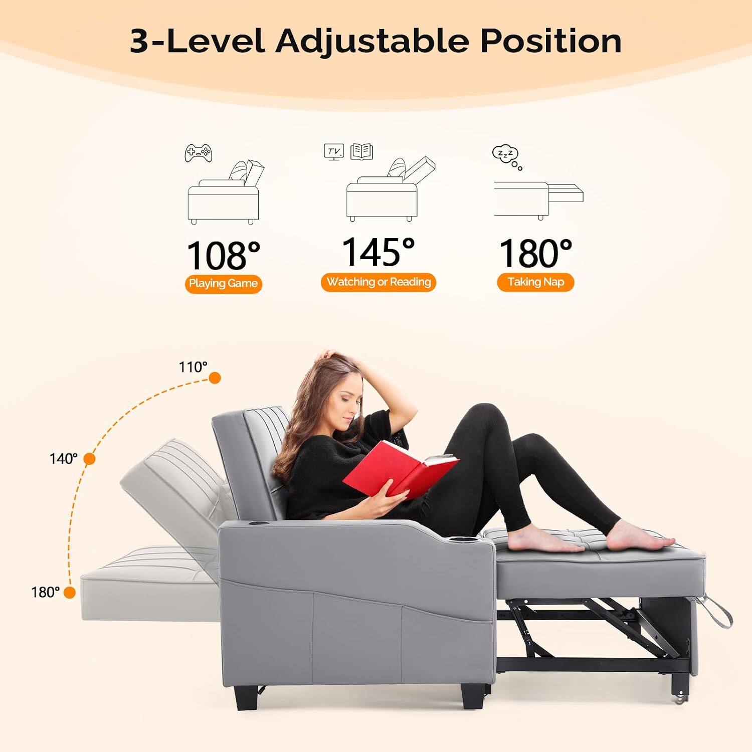 3-Level Adjustable Position

108° Playing Game

145° Watching or Reading

180° Taking Nap

110°

140°

180°