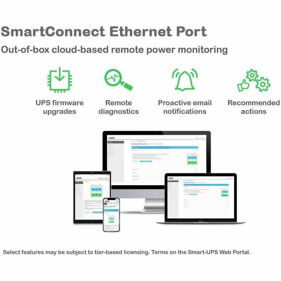 SmartConnect Ethernet Port  
Out-of-box cloud-based remote power monitoring

- UPS firmware upgrades
- Remote diagnostics
- Proactive email notifications
- Recommended actions

Select features may be subject to tier-based licensing. Terms on the Smart-UPS Web Portal.