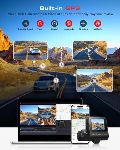 Built-in GPS

V630 Dash Cam records 6 types of GPS data for easy playback review

Satellite Count Time Speed Longitude Direction Latitude