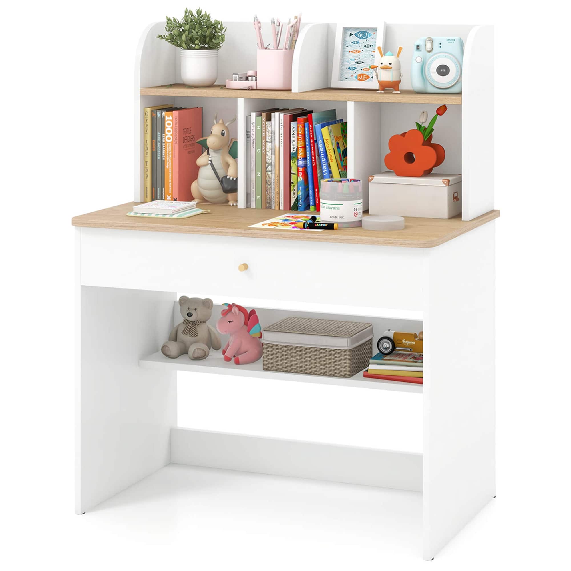 Costway - Kids Wooden Study Desk Children Writing Table with Hutch & Drawer - White price history on PriceWatchPro