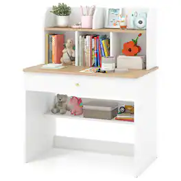Costway - Kids Wooden Study Desk Children Writing Table with Hutch & Drawer - White