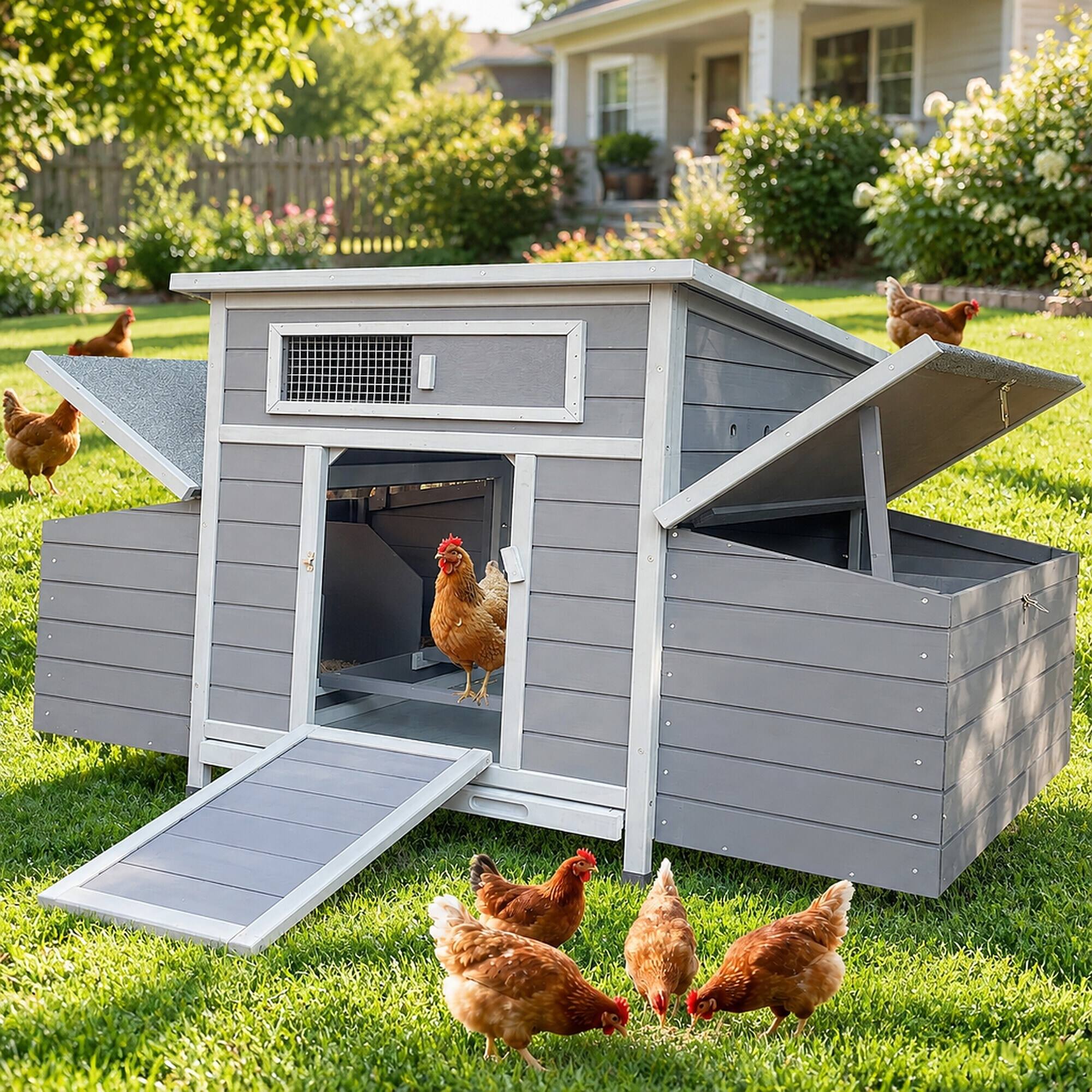 Left. RYHNUYNE - Gray Wooden Chicken Coop, Large Outdoor Hen House, Nesting Box, Run, Waterproof Panels.