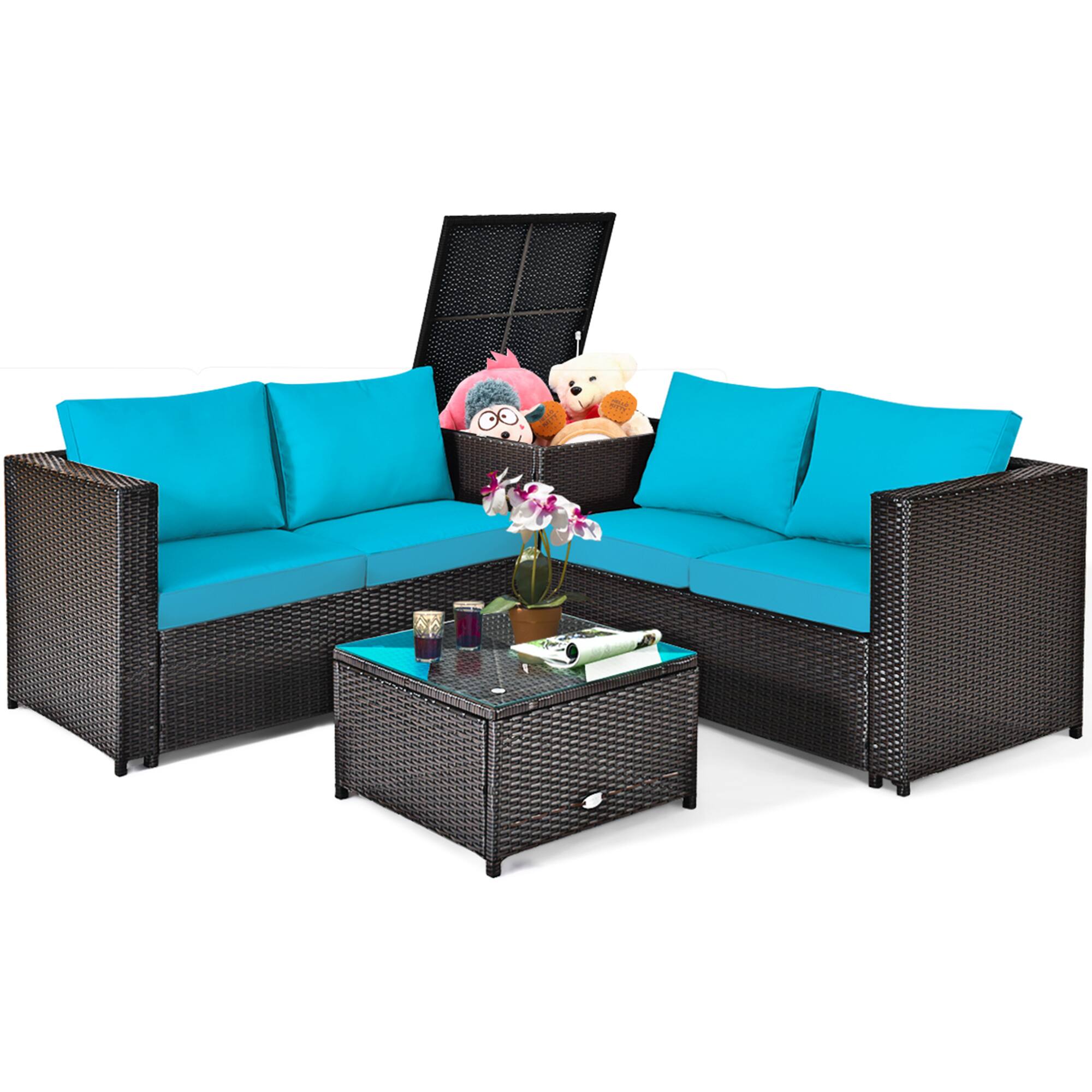 Alt View 1. Gymax - Gymax 4PCS Cushioned Rattan Patio Conversation Set w/ Side Table Turquoise Cushion - Brown.