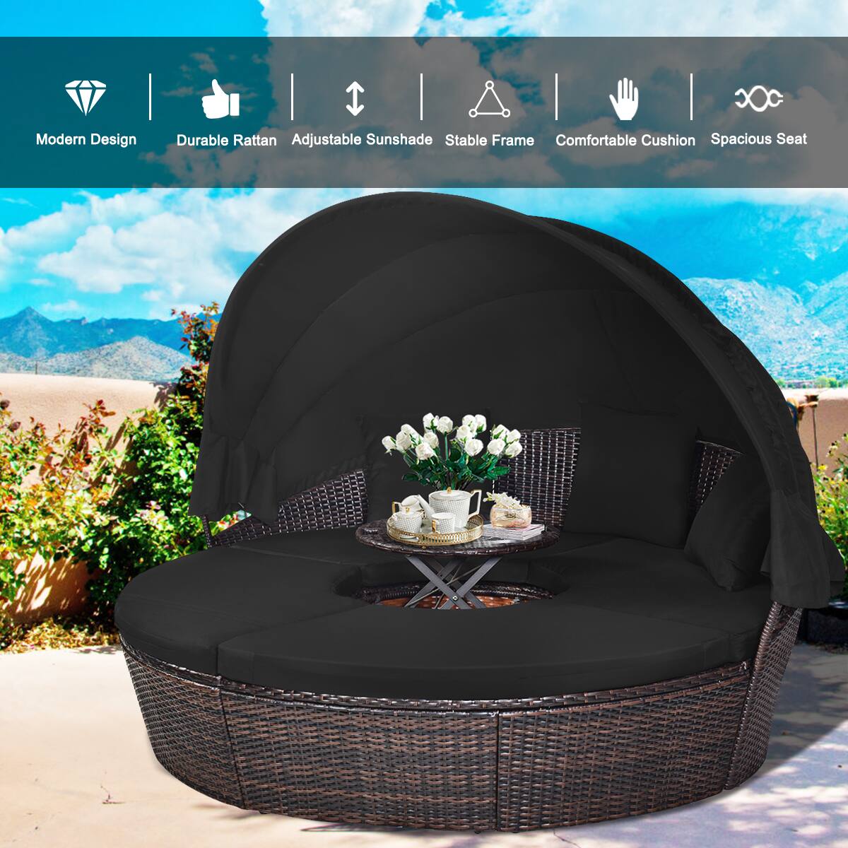 Modern Design  
Durable Rattan  
Adjustable Sunshade  
Stable Frame  
Comfortable Cushion  
Spacious Seat