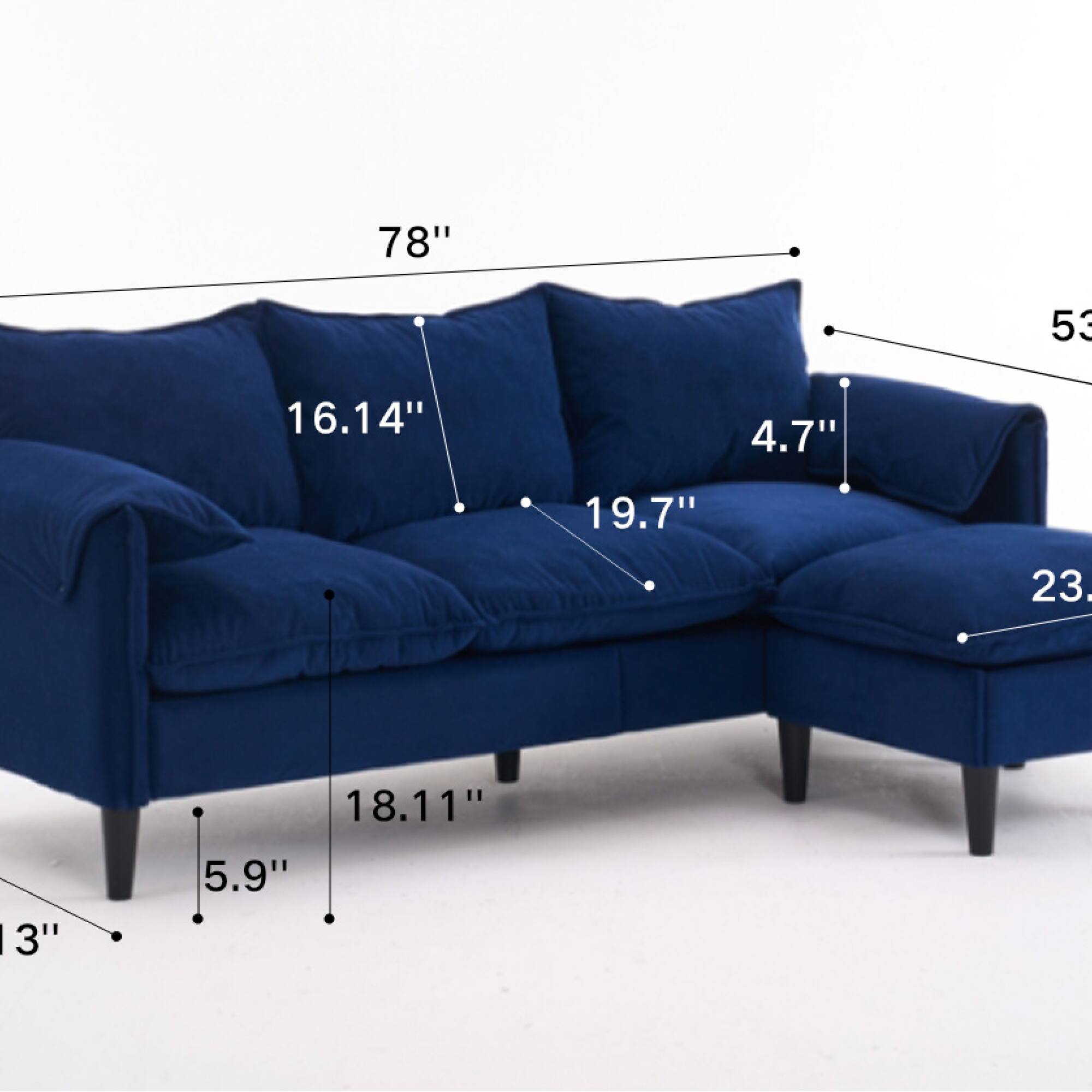 78"  
53"  
16.14"  
4.7"  
19.7"  
23"  
18.11"  
3"  
5.9"