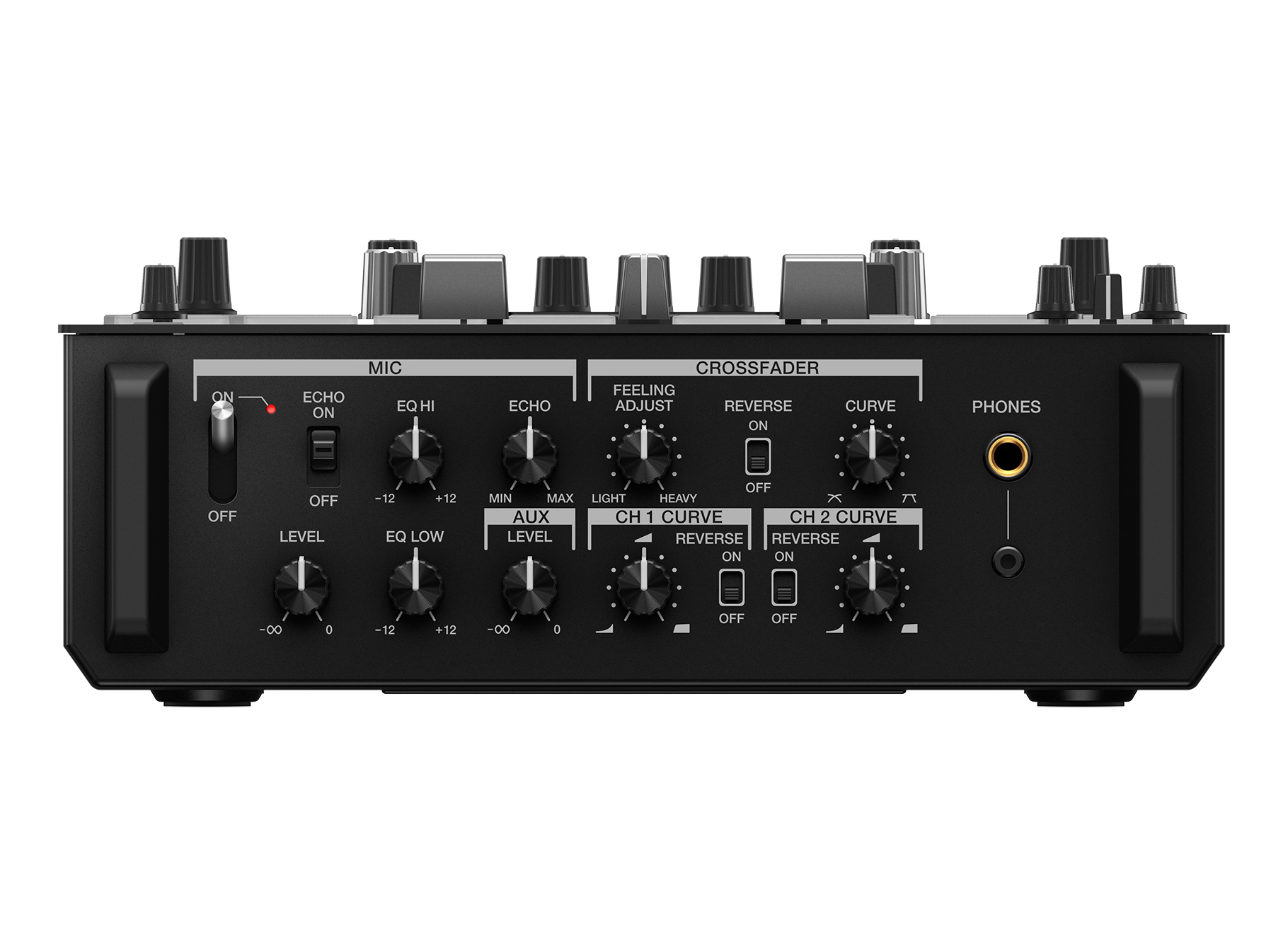 Sure, here is the corrected and grouped text from the image:

**MIC**
- ECHO ON
- EQ HI
- LEVEL
  - -12
  - +12
- EQ LOW
  - -12
  - +12

**CROSSFADER**
- FEELING ADJUST
- REVERSE
  - ON
- CURVE
  - MIN
  - MAX
  - LIGHT
  - HEAVY

**AUX**
- LEVEL
  - -00
  - 0
  - +12

**CH 1 CURVE**
- REVERSE
  - ON
  - OFF

**CH 2 CURVE**
- REVERSE
  - ON
  - OFF

**PHONES**
- OFF
- LEVEL
  - -00
  - 0
  - +12