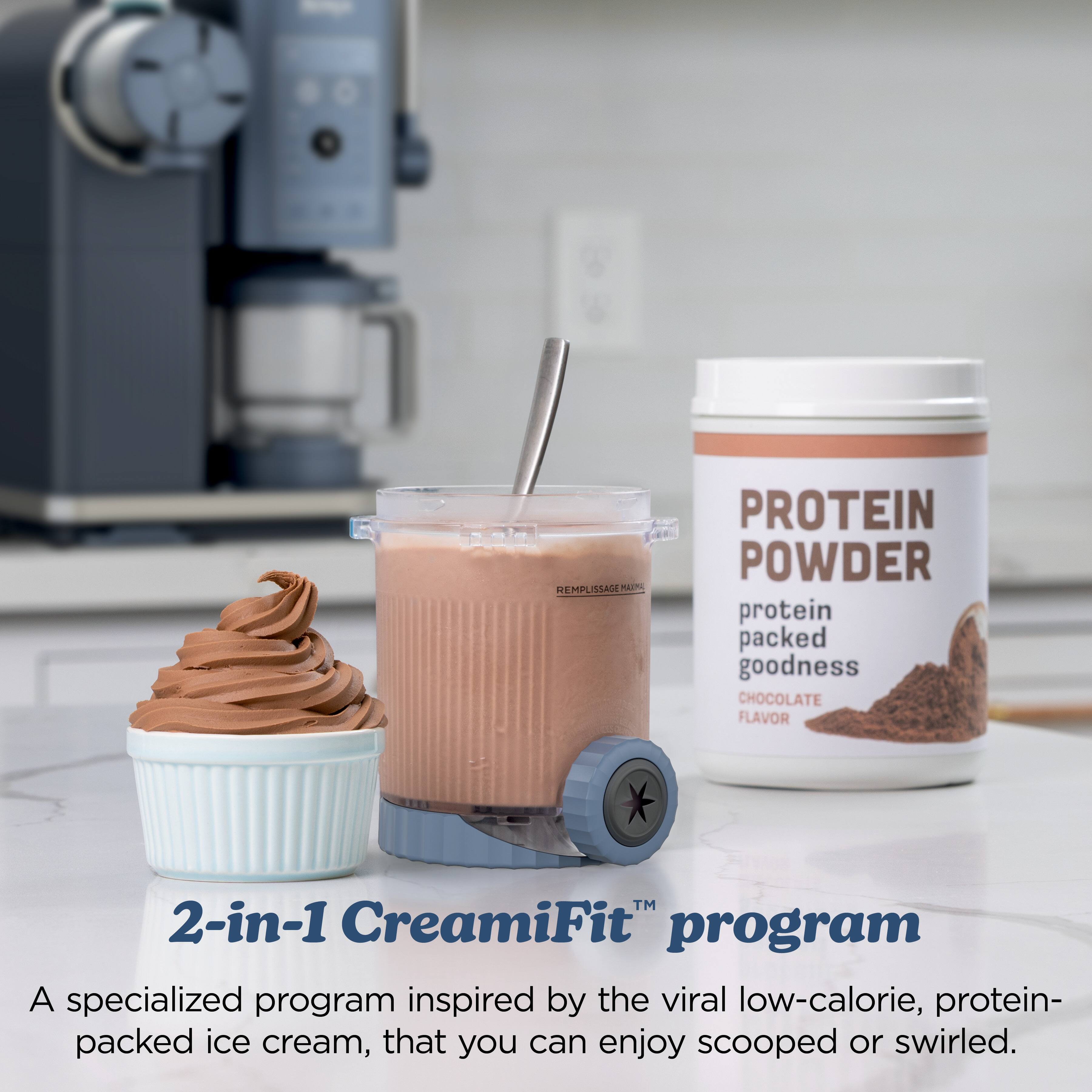 HEMPLISSAGE PE PROTEIN POWDER protein packed goodness CHOCOLATE FLAVOR 2-in-1 CreamiFit program A specialized program inspired by the viral low-calorie, protein-packed ice cream, that you can enjoy scooped or swirled.