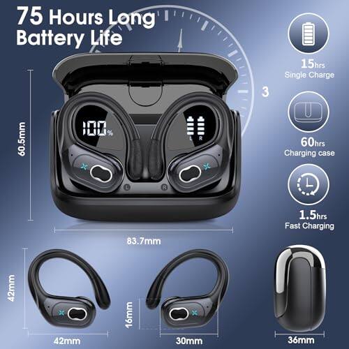 75 Hours Long Battery Life  
15hrs Single Charge  
60.5mm  
60hrs Charging case  
1.5hrs Fast Charging  
42mm  
16mm x 30mm  
83.7mm