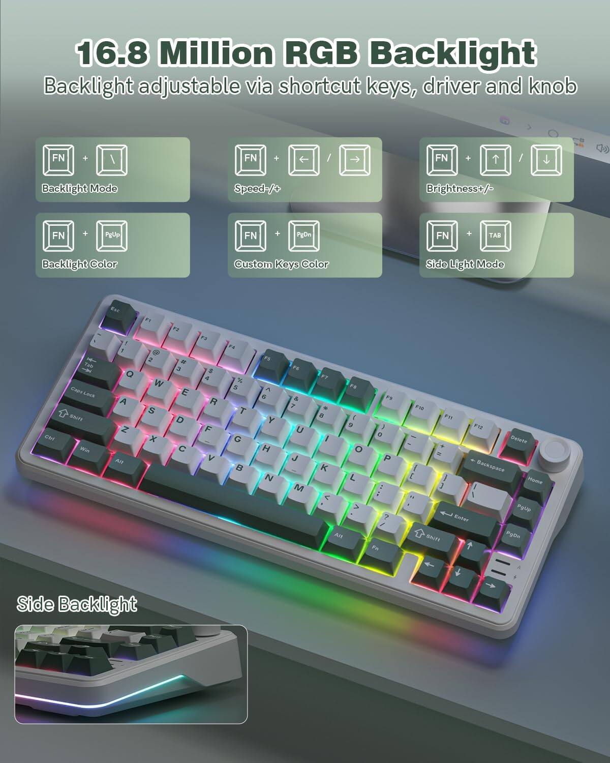 16.8 Million RGB Backlight  
Backlight adjustable via shortcut keys, driver and knob  

- FN + Arrow keys: Backlight Mode  
- FN + /: Speed +/-  
- FN + PgUp: Brightness +/-  
- FN + TAB: Backlight Color  
- FN + PgDn: Custom Keys Color  
- FN + Arrow keys: Side Light Mode  

Side Backlight