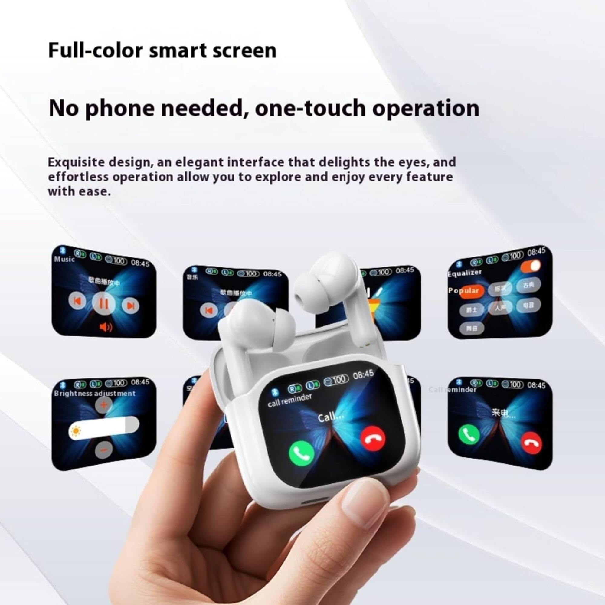Full-color smart screen  
No phone needed, one-touch operation  

Exquisite design, an elegant interface that delights the eyes, and effortless operation allow you to explore and enjoy every feature with ease.  

- Music  
- Equalizer  
- Brightness adjustment  
- Call reminder