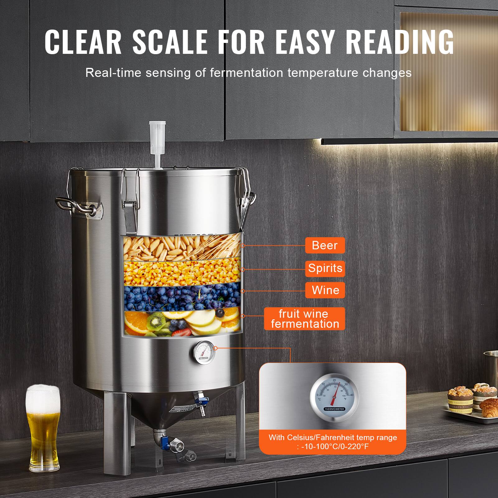 CLEAR SCALE FOR EASY READING  
Real-time sensing of fermentation temperature changes  

Beer  
Spirits  
Wine  
fruit wine fermentation  

With Celsius/Fahrenheit temp range: -10-100°C/0-220°F