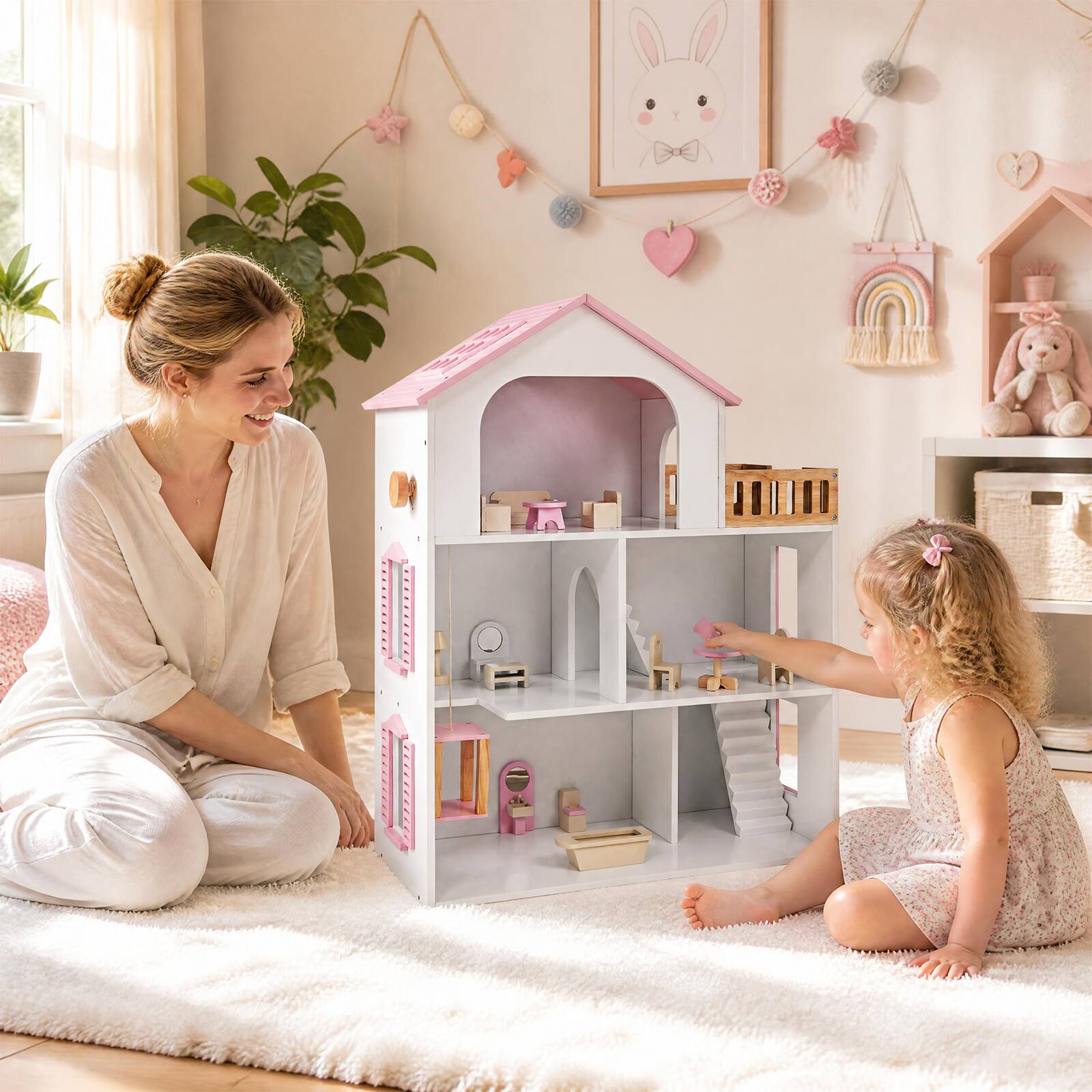 Alt View 1. Costway - Costway 3-Story Doll House with 5 Rooms and Furniture Accessories, Pretend Play Toy - Pink.