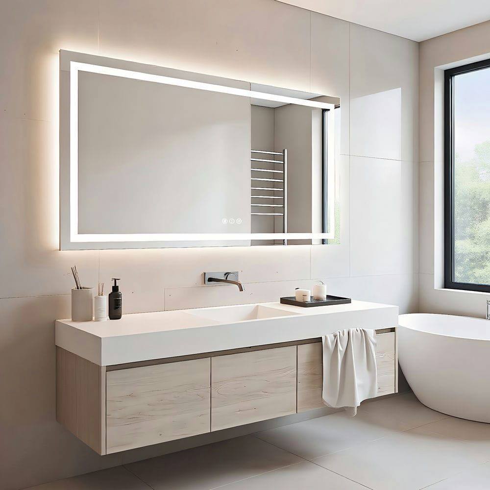 Alt View 6. Kadyn - 72x36 Inch Wall-to-Wall Frameless Rectangle LED Bathroom Mirror for Large Spaces.