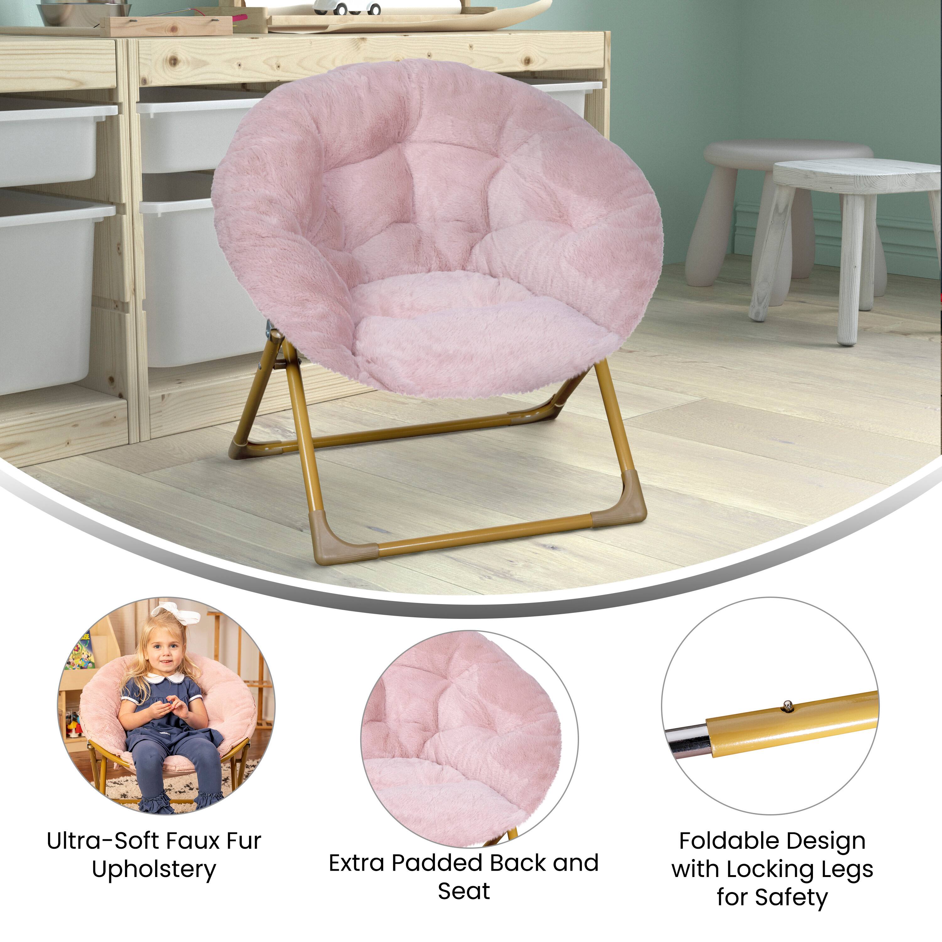 - Ultra-Soft Faux Fur Upholstery
- Extra Padded Back and Seat
- Foldable Design with Locking Legs for Safety