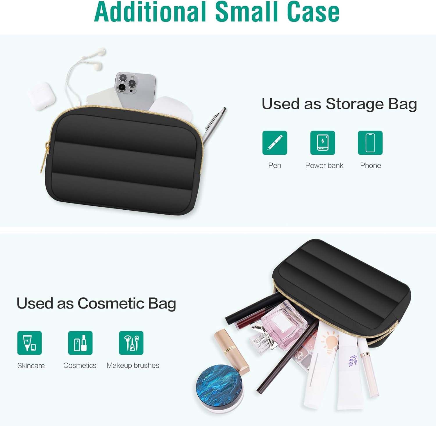 Additional Small Case

Used as Storage Bag
- Pen
- Power bank
- Phone

Used as Cosmetic Bag
- Skincare
- Cosmetics
- Makeup brushes