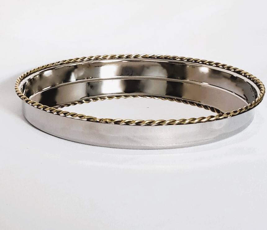 Back. Jiallo - Gold Stainless Steel Round tray w/twisted border 10.5" dia - Gold.