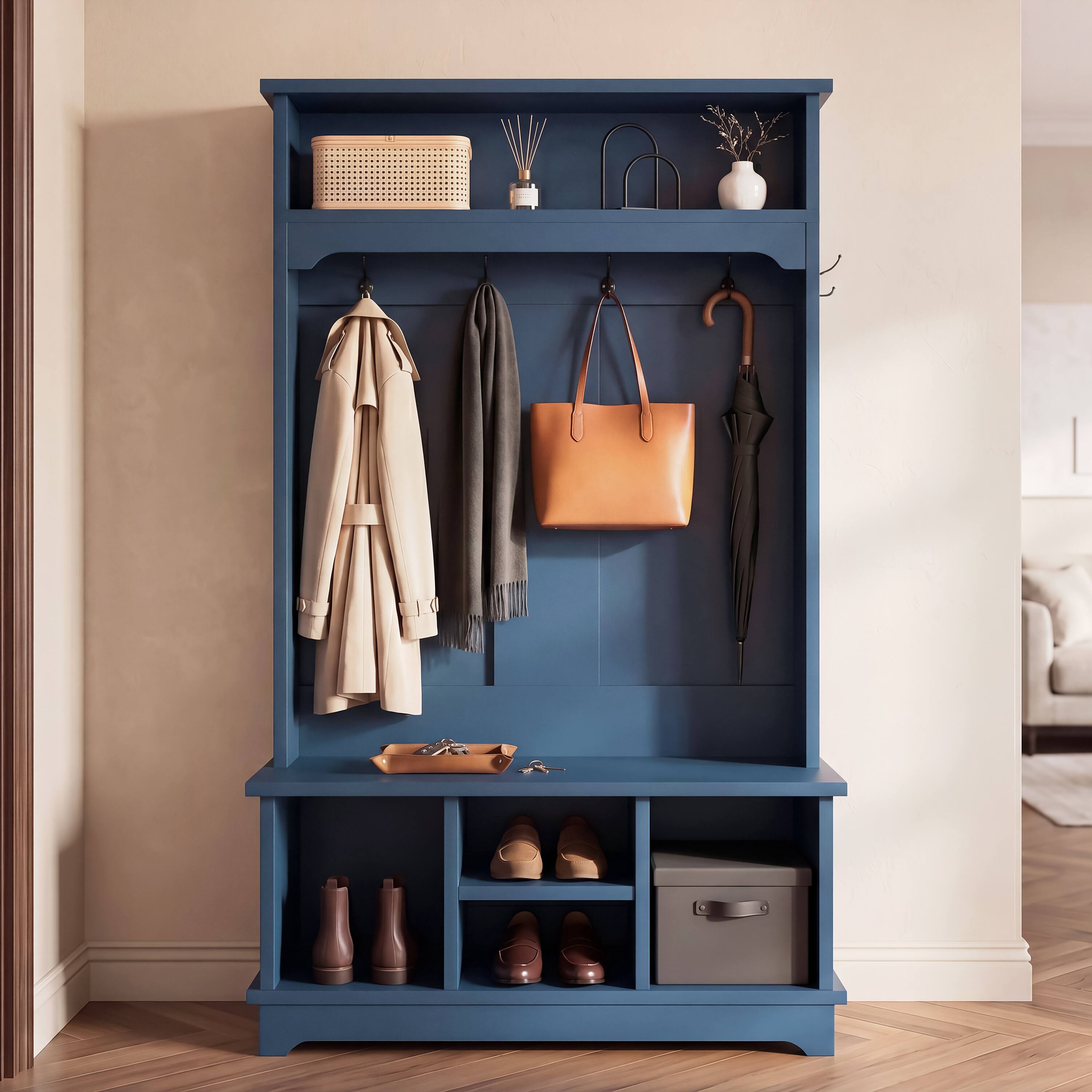 Left. Whisen - Multifunctional Hall Tree with Shoe Storage Bench, Heavy-Duty Entryway Coat Rack Organizer-Blue - Blue.