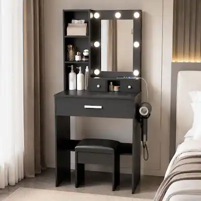 Front. RYHNUYNE - Compact Vanity Table with LED Mirror, Power Outlet, Hairdryer Holder, Stool, 3 Drawers, Black - Black.
