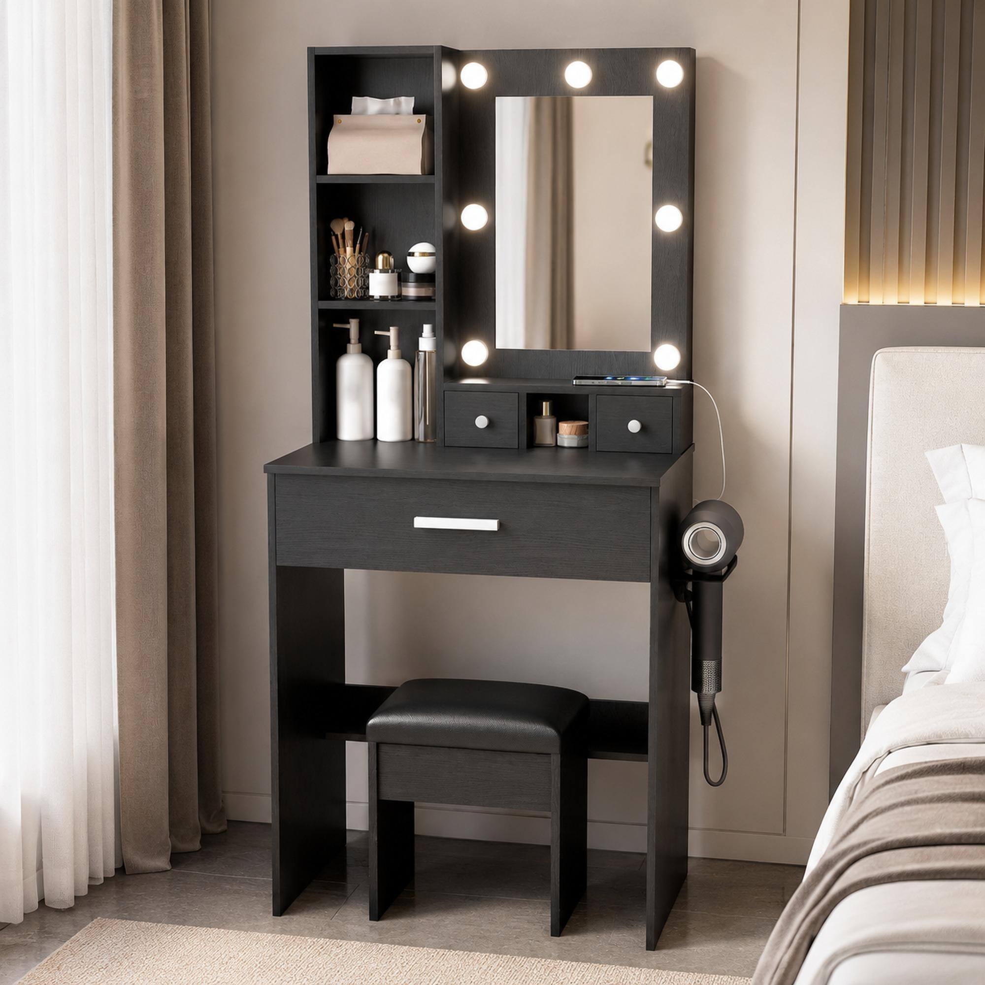 Front. RYHNUYNE - Compact Vanity Table with LED Mirror, Power Outlet, Hairdryer Holder, Stool, 3 Drawers, Black - Black.