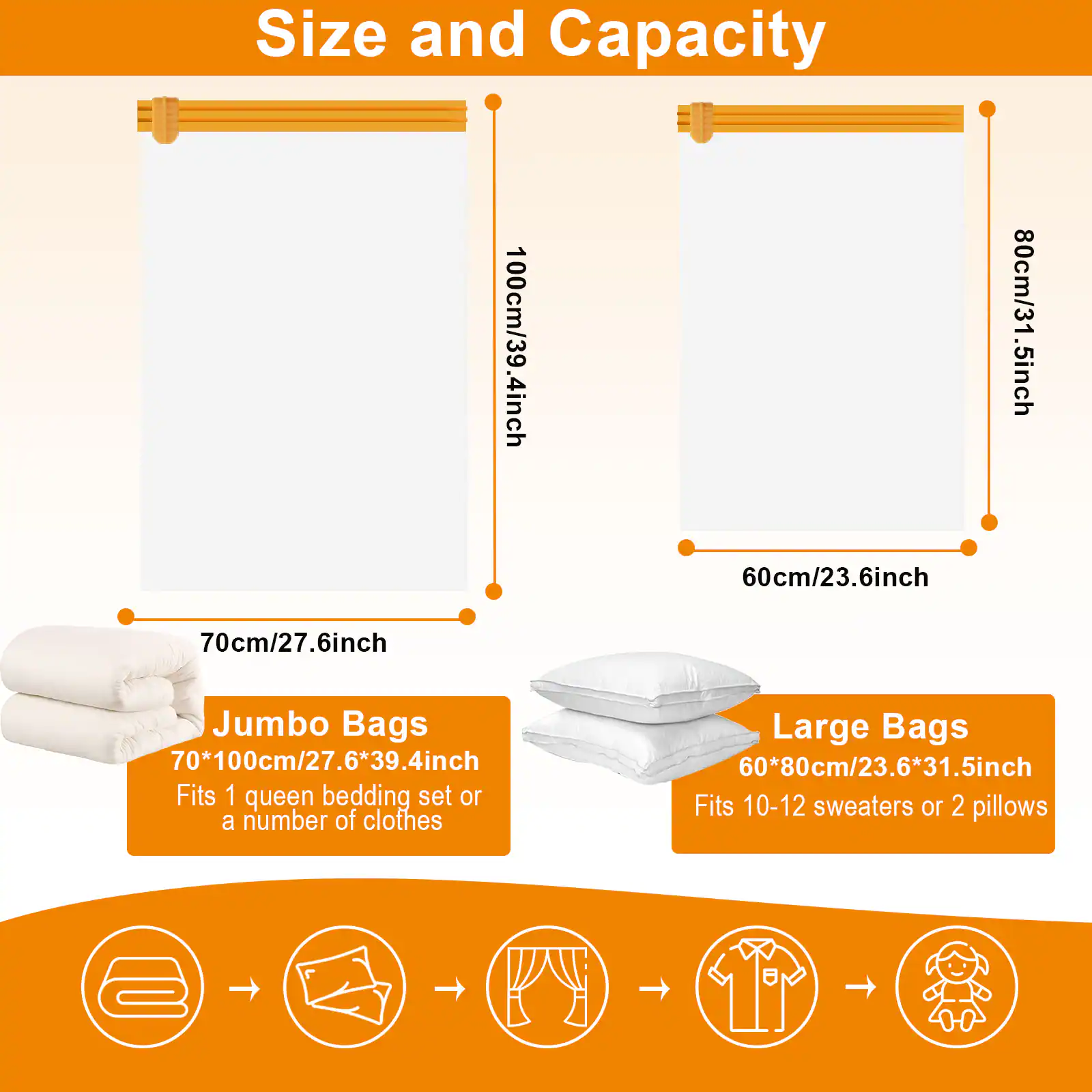 Size and Capacity: Jumbo Bags: 70*100cm/27.6*39.4inch, Large Bags: 60*80cm/23.6*31.5inch