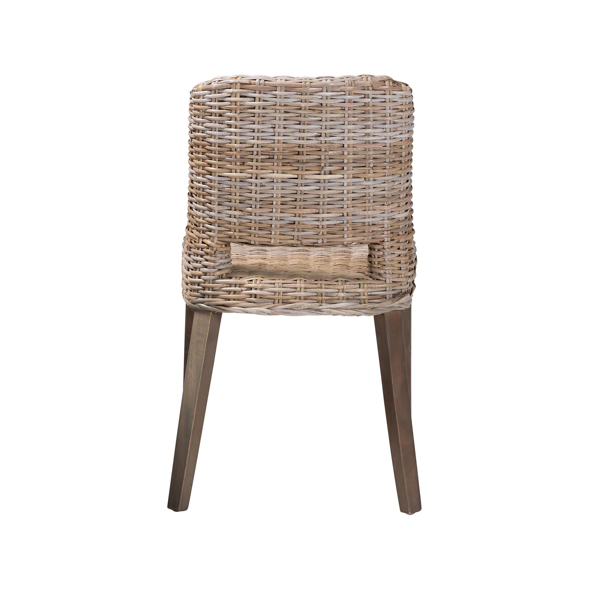 Back. bali & pari - Magy Modern Bohemian Rattan and Finished Wood Dining Chair - White/Natural Brown.