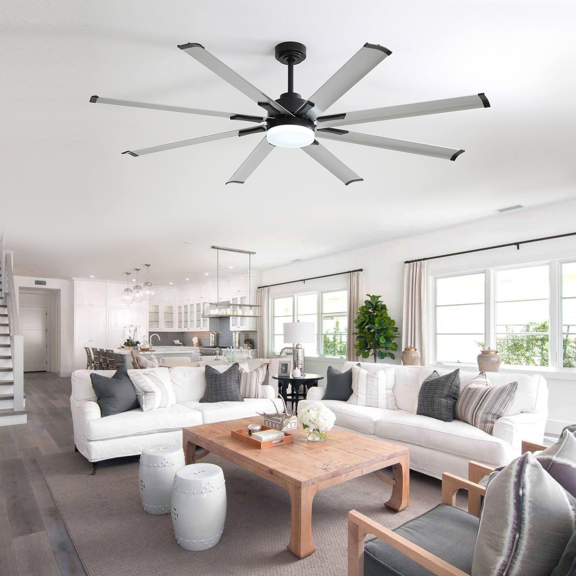 Alt View 1. Breezary - 72'' Ceiling Fan with 8 Aluminum Blades, DC Motor, Remote Control, 6 Speeds, 3-Color LED Light, Memory, Downrod - Matte Black and Silver.