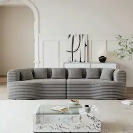 Kadyn - 106.3" Curved Sectional Sofa, Oversized Corduroy Cloud Design with 6 Pillows and Deep Seating, Grey - Gray
