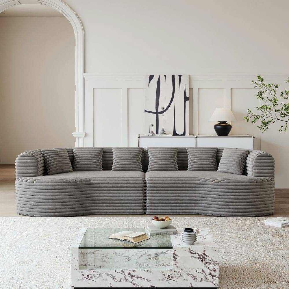 Front. Kadyn - 106.3" Curved Sectional Sofa, Oversized Corduroy Cloud Design with 6 Pillows and Deep Seating, Grey - Gray.