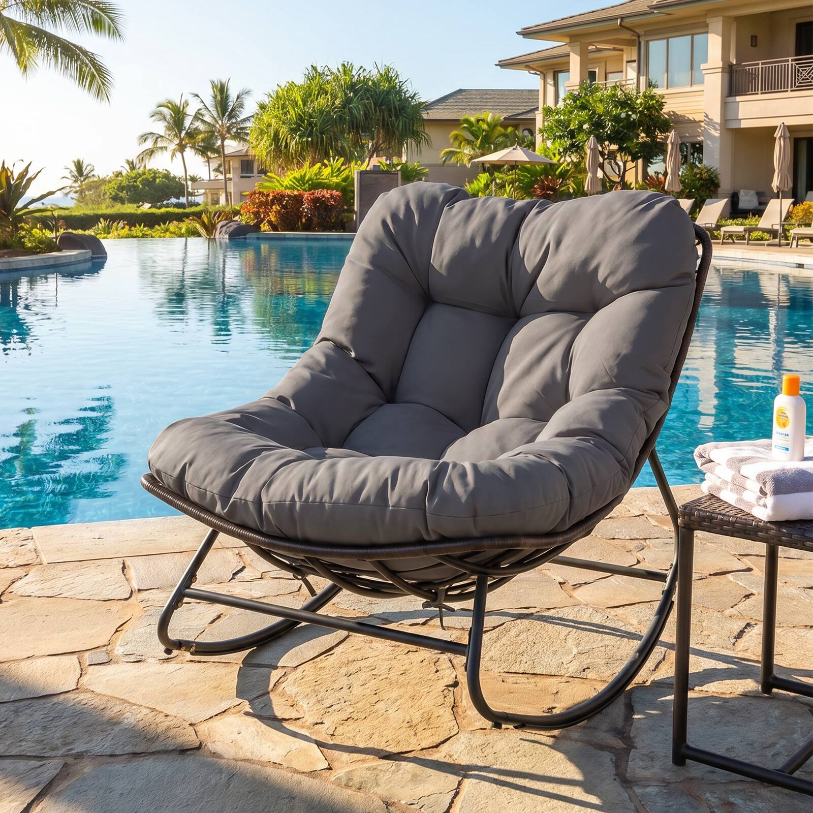 Alt View 1. Costway - Costway Patio Papasan Rocking Chair,Oversized Egg-shaped Rocker with Thick Cushioned Seat - Gray.