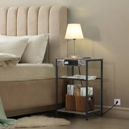 Oumilen - Set of 2 Grey 3-Tier Nightstands with Charging Station, Industrial End Tables - Gray