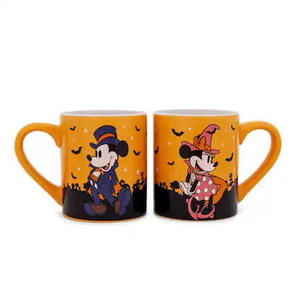 Front. Silver Buffalo - Disney Halloween Mickey and Minnie Mouse 14-Ounce Ceramic Mugs | Set of 2 - Orange.