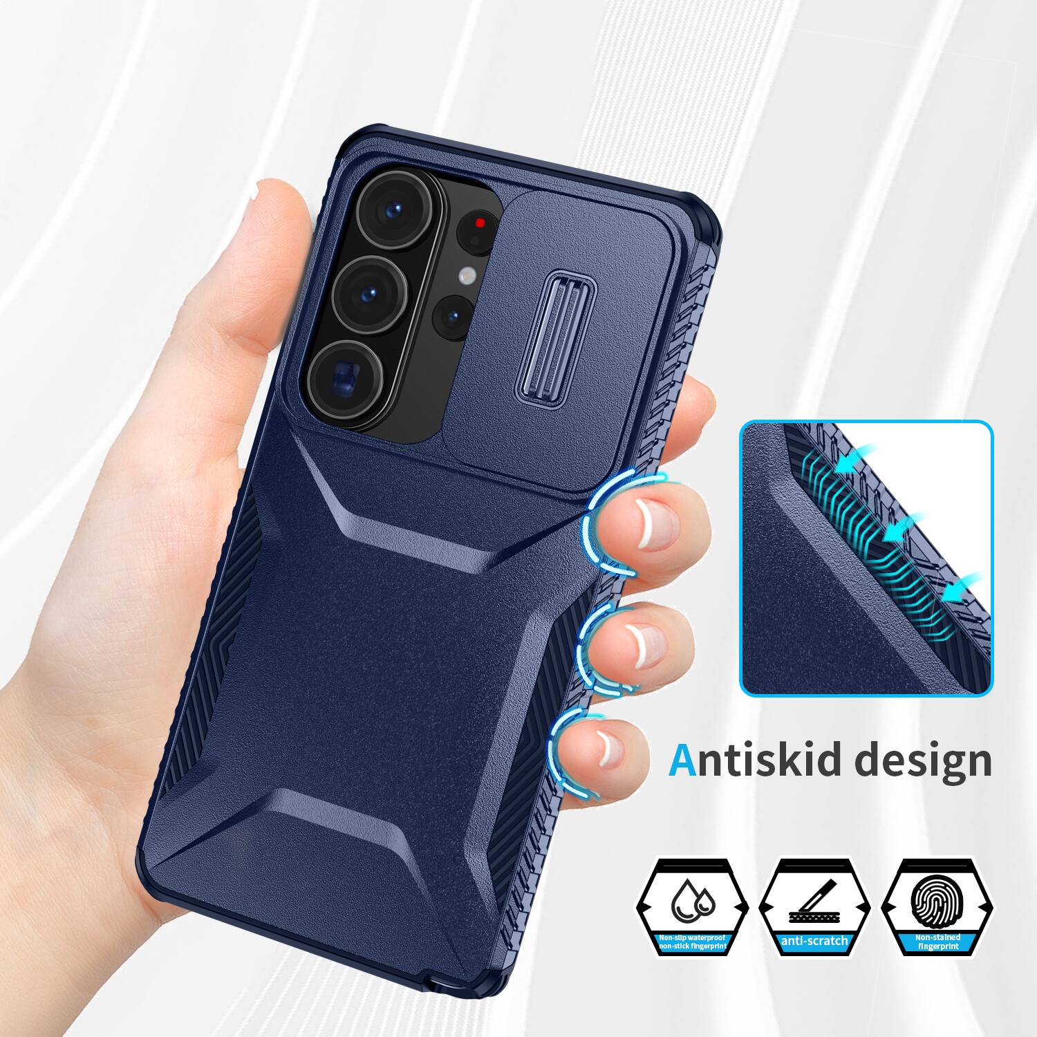 Antiskid design  
Non-slip waterproof son-stick fingerprint KID  
anti-scratch  
Non-stained fingerprint
