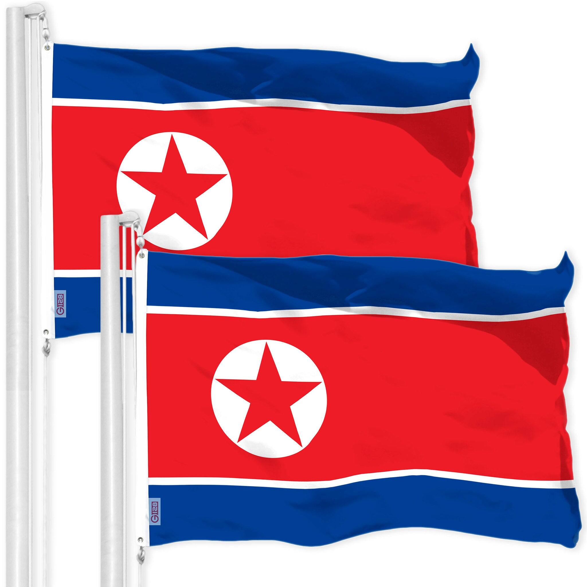 G128 - 2-Pack North Korea Flag 3x5 ft 150D Polyester Indoor/Outdoor with Brass Grommets - Red, Blue, White