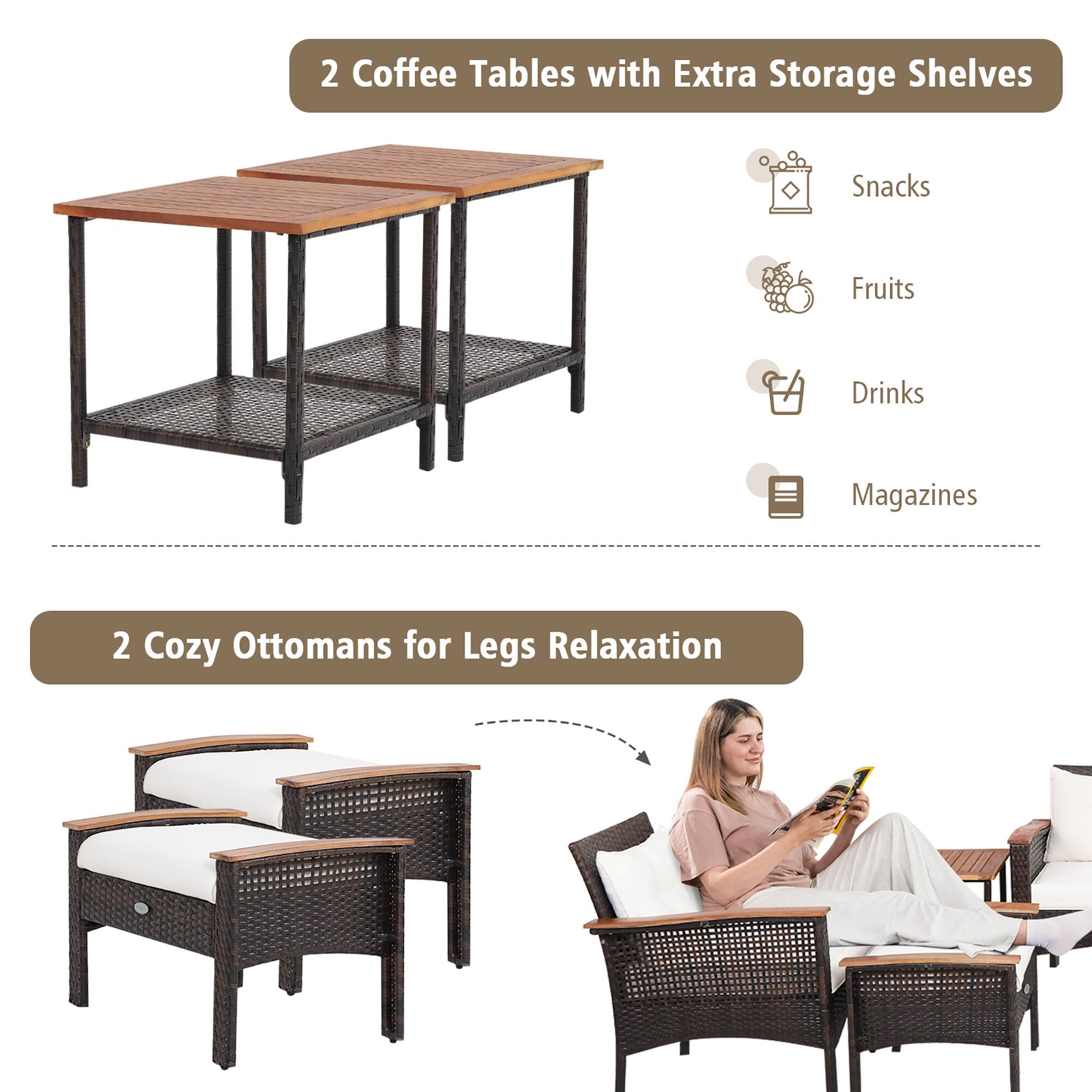 2 Coffee Tables with Extra Storage Shelves  
- Snacks  
- Fruits  
- Drinks  
- Magazines  

2 Cozy Ottomans for Legs Relaxation