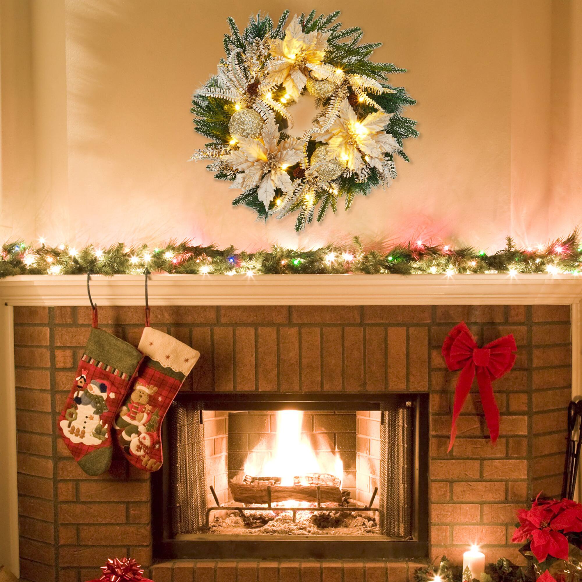 Angle. Acekool - 24 Inch Pre-Lit Christmas Wreath with 20 LED Lights 8 Lighting Modes Timer for Front Door Wall Mantel Gold - Gold.