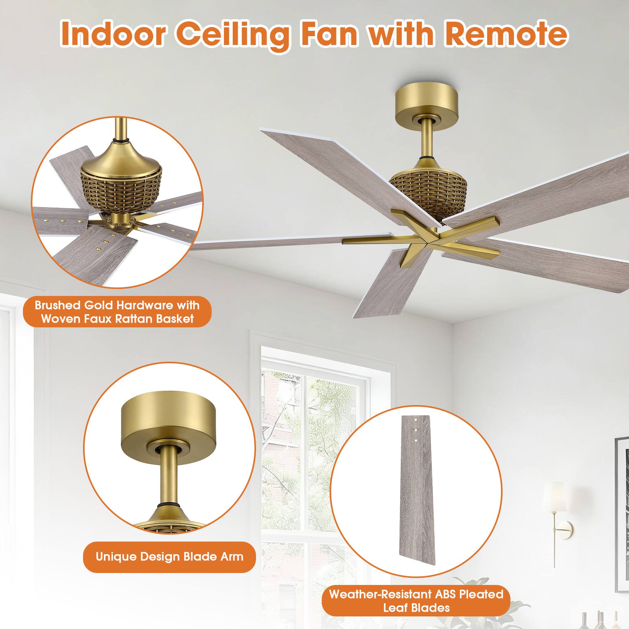 Indoor Ceiling Fan with Remote  
Brushed Gold Hardware with Woven Faux Rattan Basket  
Unique Design Blade Arm  
Weather-Resistant ABS Plated Leaf Blades