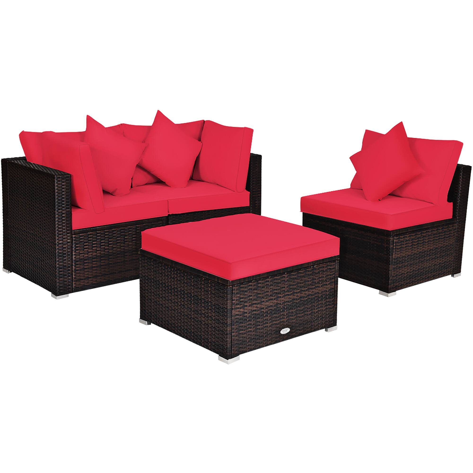 Back. Costway - 4PCS Patio Rattan Furniture Set Sofa Ottoman Cushion Garden Deck - Red.