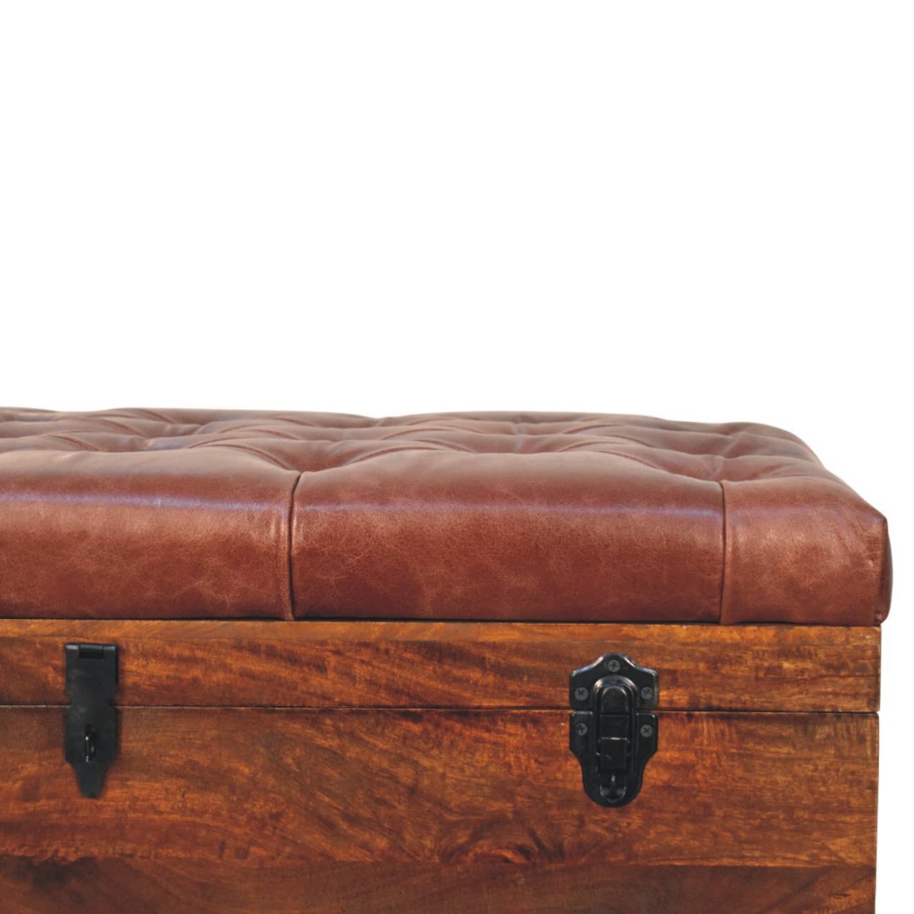 Back. Artisan Furniture - Artisan Furniture Solid Wood Brown Buffalo hide leather Storage Trunk, Upholstered, Dark Brown - Dark Brown.