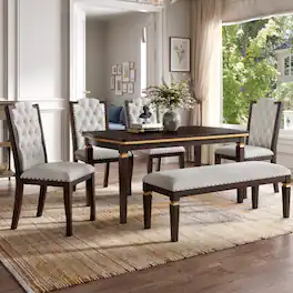 LUCKY ONE - 6-Piece Dining Set with 60" Rectangular Dining Table, Bench and 4 Tufted Chairs - Espresso