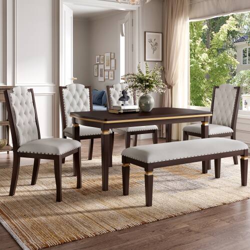 Front. LUCKY ONE - 6-Piece Dining Set with 60" Rectangular Dining Table, Bench and 4 Tufted Chairs - Espresso.