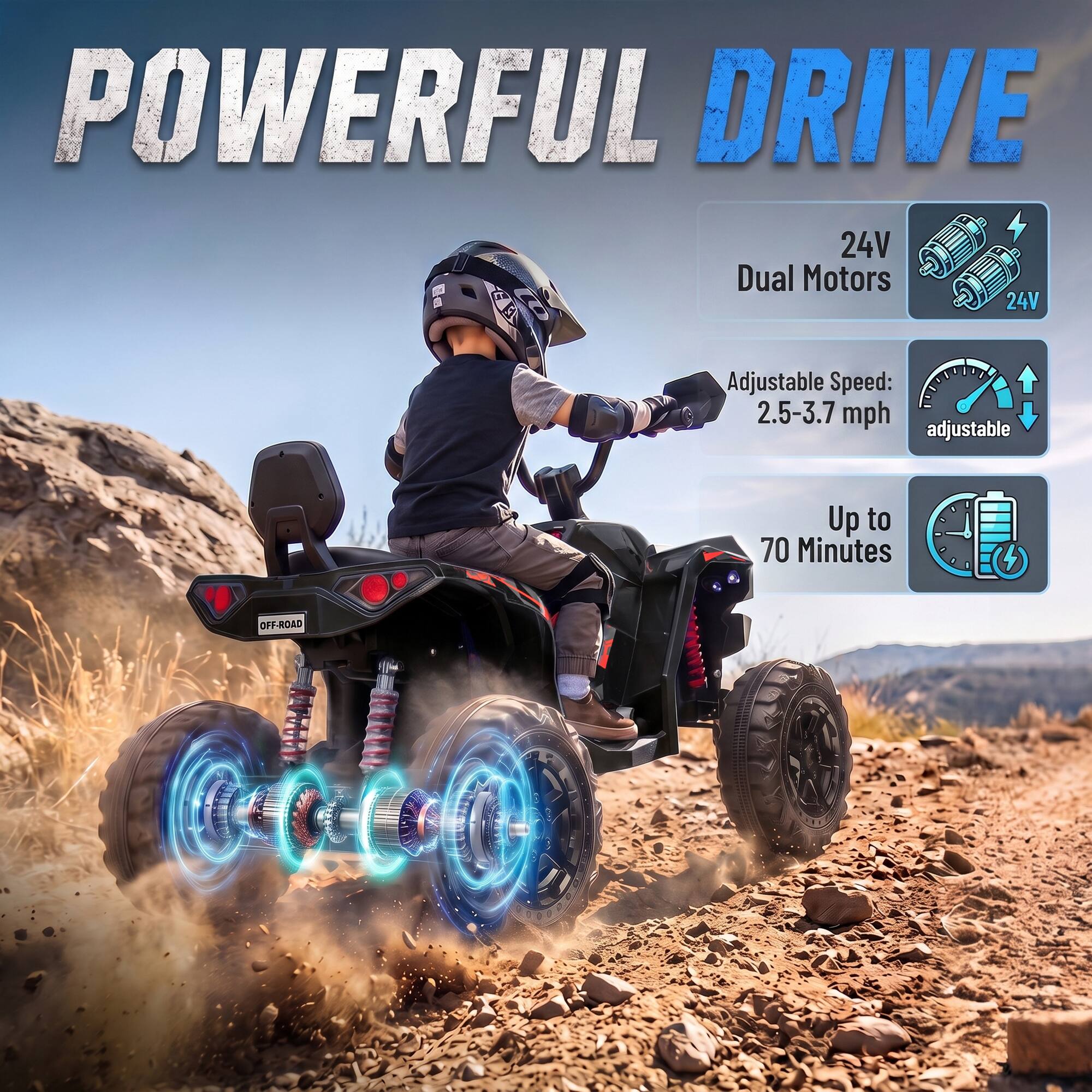 POWERFUL DRIVE

24V Dual Motors

Adjustable Speed: 2.5-3.7 mph adjustable

Up to 70 Minutes

OFF-ROAD