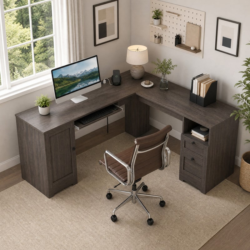 WELLFOR - 66" Farmhouse L Shaped Desk with Power Outlets, Large Computer Desk with Drawers, Home Office Desk - Dark Gray