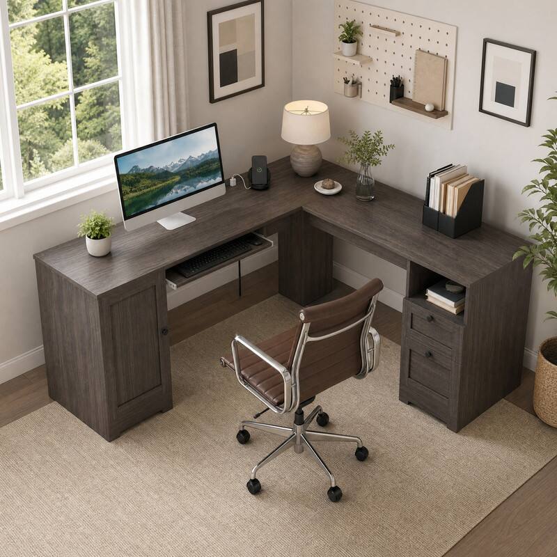 Front. WELLFOR - 66" Farmhouse L Shaped Desk with Power Outlets, Large Computer Desk with Drawers, Home Office Desk - Dark Gray.