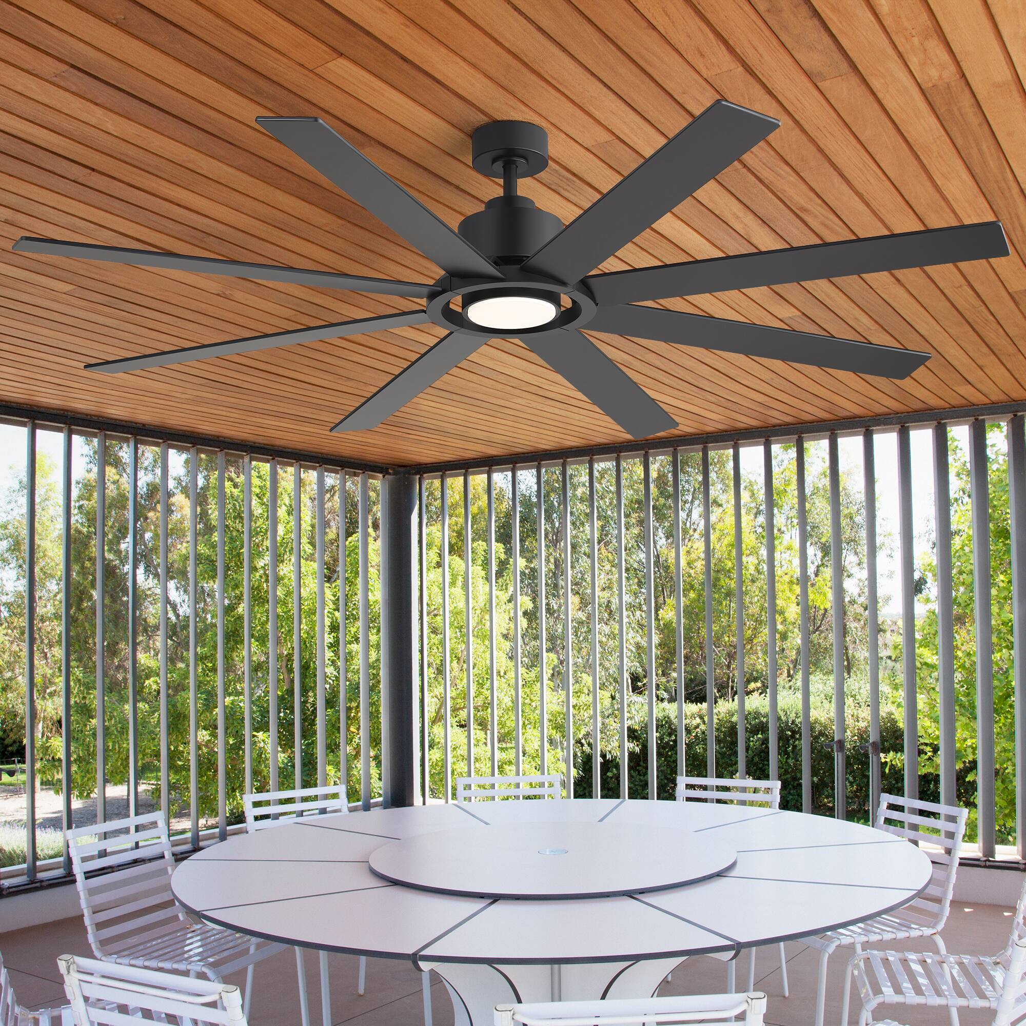Angle. Breezary - 72-Inch Modern Ceiling Fan, Dimmable LED, 8 Plywood Blades, Efficient DC Motor, 6 Speeds, Timer, Remote - All Black.