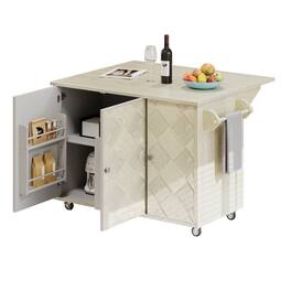 Spaco - 51.2" Kitchen Island Cart with Drop Leaf, Handwoven Doors, Locking Casters, Internal Storage Rack, Solid Wood - Champagne