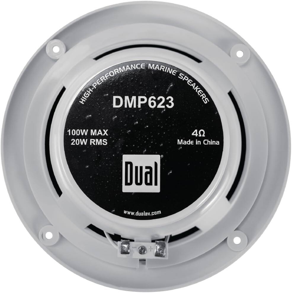 MARINE HIGH-PERFORMANCE SPEAKERS  
DMP623  
100W MAX  
20W RMS  
4Ω  
Made in China  
Dual  
www.dualav.com