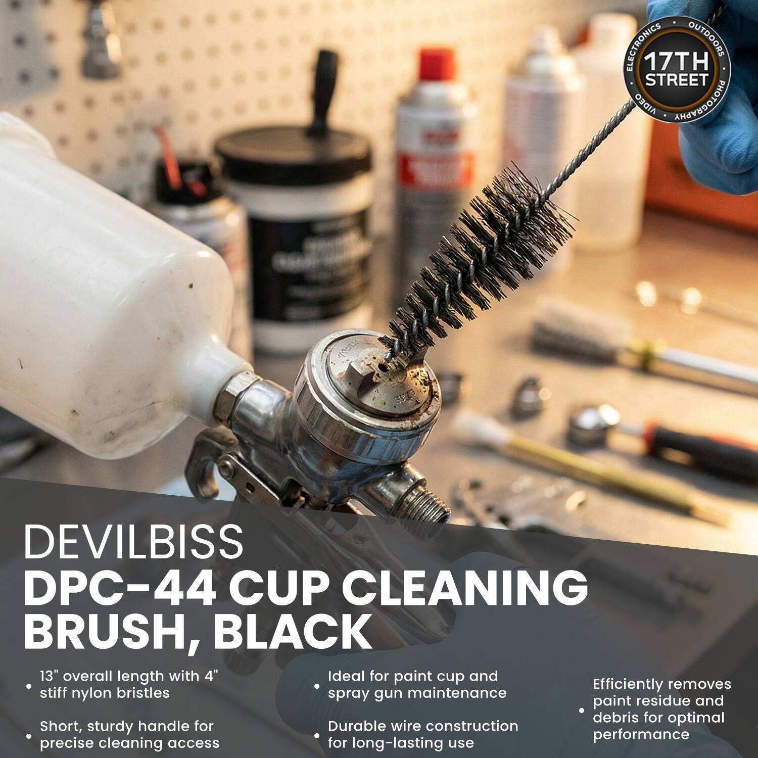 ELECTRONICS OUTDOORS 17TH STREET

DEVILBISS DPC-44 CUP CLEANING BRUSH, BLACK

13" overall length with 4" stiff nylon bristles

Ideal for paint cup and spray gun maintenance

Short, sturdy handle for precise cleaning access

Durable wire construction for long-lasting use

Efficiently removes paint residue and debris for optimal performance