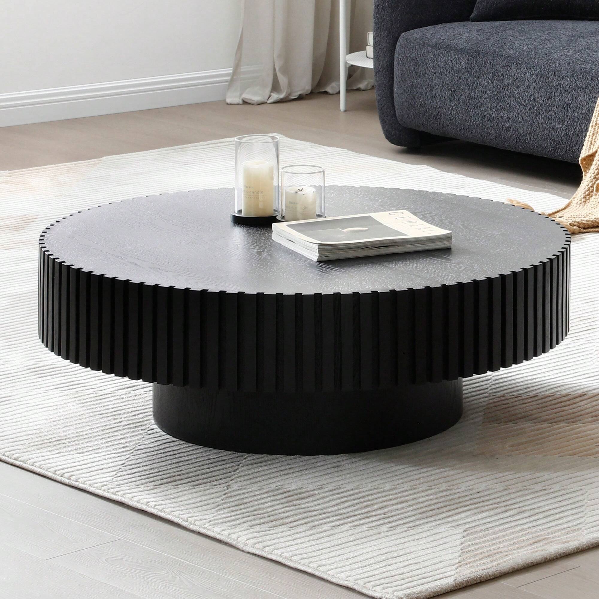 Alt View 5. Trinkets Crazed - 39.37" Round Coffee Table Wood,Circle Coffee Table, Drum Fluted Coffee Accent End Side Center Table - Black.