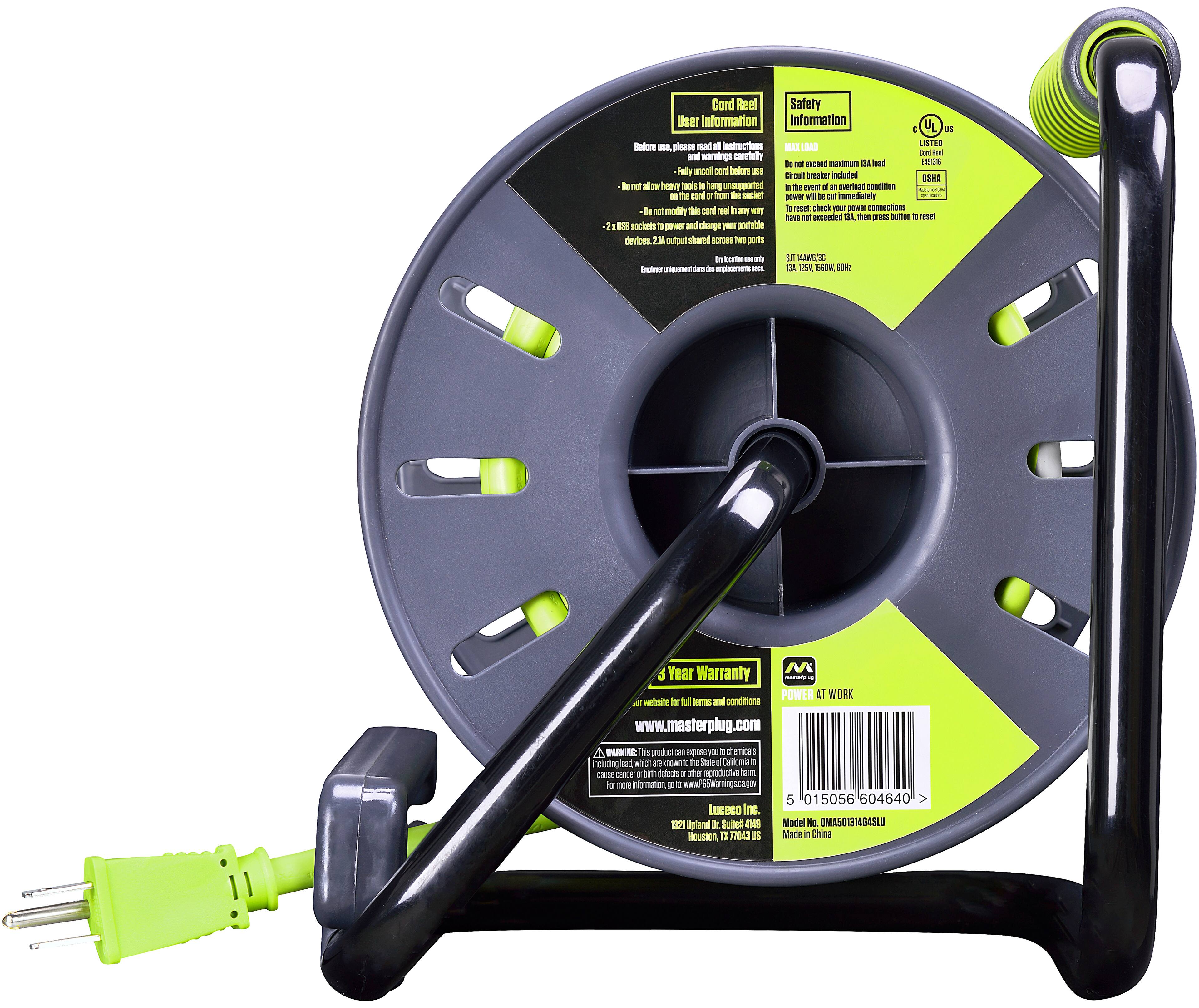 Alt View 13. Masterplug - 50Ft 4 Sockets 13A 14AWG Medium Open Reel with USB Charging - Green & Grey.