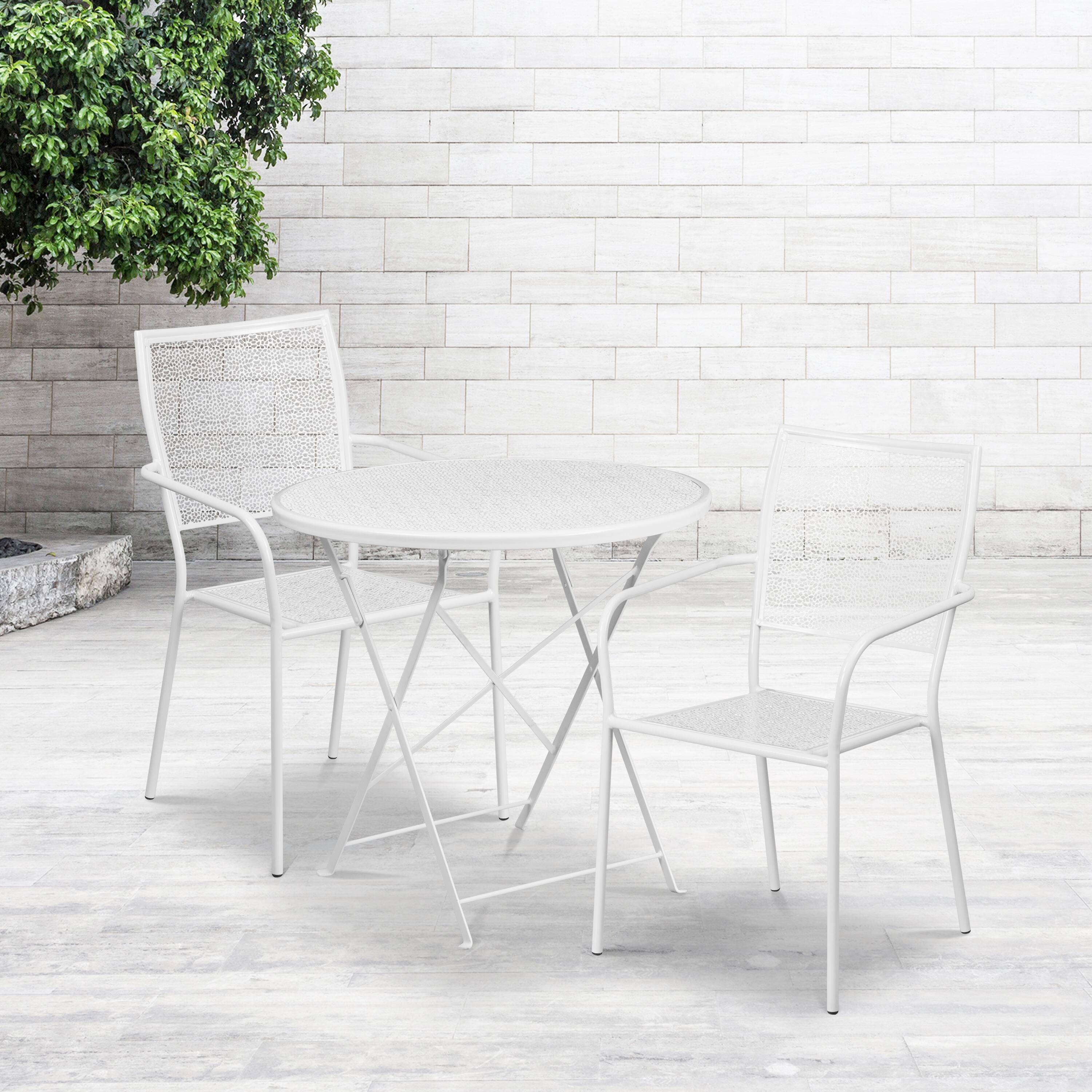 Alt View 1. Emma + Oliver - Commercial Grade 30" Round Metal Folding Patio Table Set w/ 2 Square Back Chairs - White.